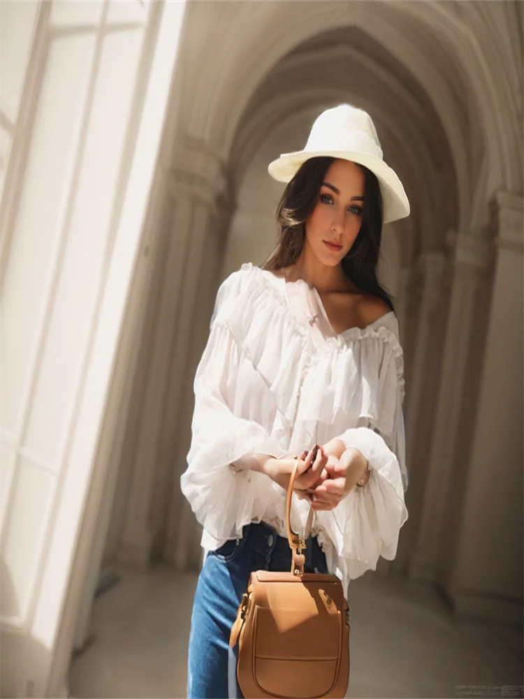 V-neck Sexy Shirts Women Summer See Through Boho Mesh Blouse Ruffle Flare Sleeve Elegant Peplum Tops Ruffles Ladies Blusas 13459