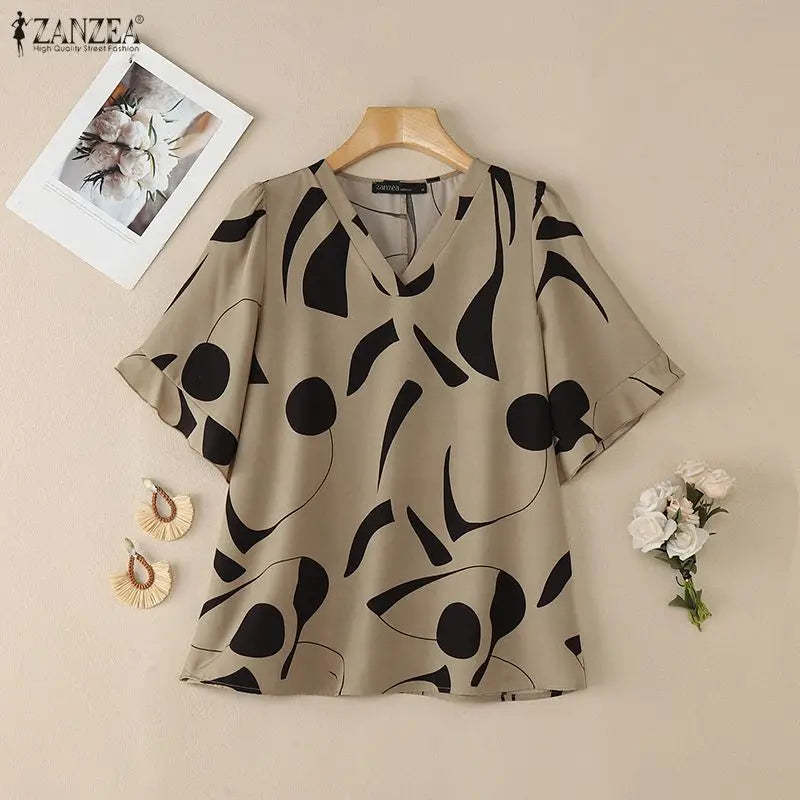 2026 ZANZEA Summer Blouse Women Casual V Neck Short Sleeve Printed Tops Female Loose Chemise Tunic Elegant Work Shirt Oversize