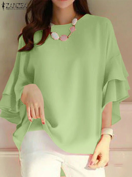 ZANZEA 2025 Fashion Summer Blouse Women Flare Sleeve Casual Tops Loose Ruffled Shirts Solid Color Elegant OL Blusas Femininas