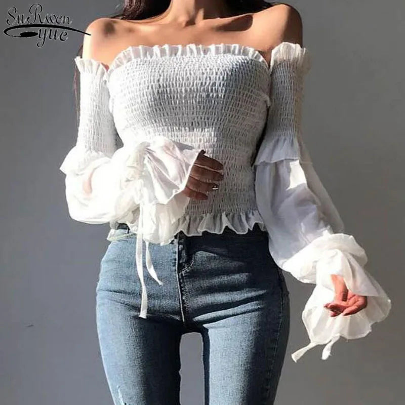 V-neck Sexy Shirts Women Summer See Through Boho Mesh Blouse Ruffle Flare Sleeve Elegant Peplum Tops Ruffles Ladies Blusas 13459
