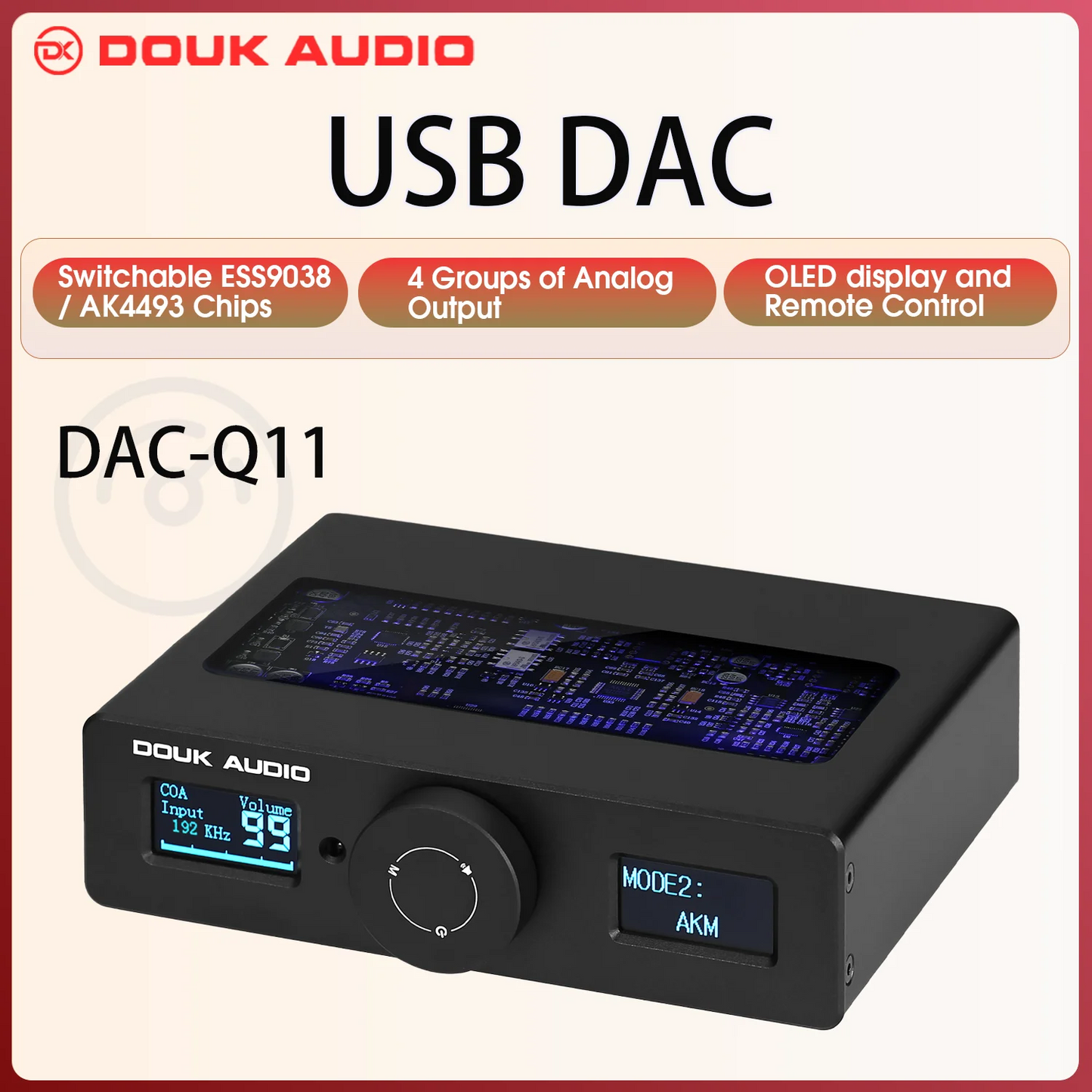 Douk Audio HiFi ESS9038Q2M+AK4493 USB DAC Audio Adapter COAX/OPT Digital to Analog Converter DSD256 DAC-Q11