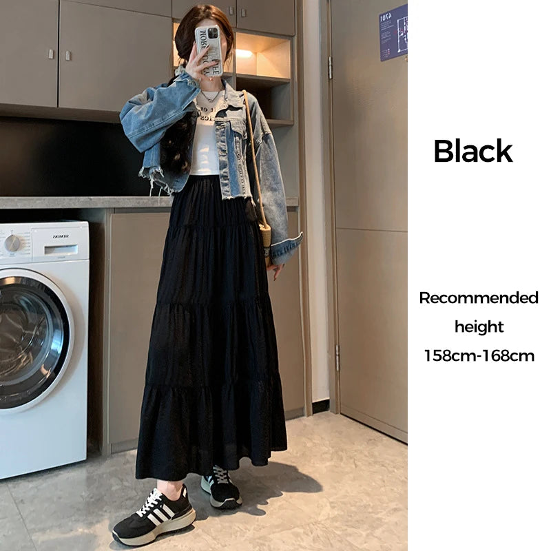 Elegant White Ruffled Long Skirts for Women High Waist A Line Maxi Skirt Woman Spring Summer Casual Loose Korean Umbrella Skirt