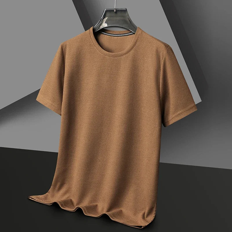 Men's Waffle Knit Short Sleeve T-Shirt Casual Solid Color Crew Neck Soft Comfortable Top for Summer
