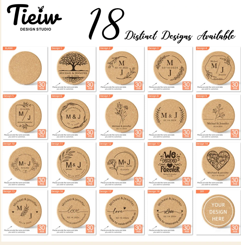 30pcs Personalized Cork Coasters-Tieiw Design-Wedding Favor for Guests Party Bridal Shower Corporate Engraved Coaster Gifts Bulk