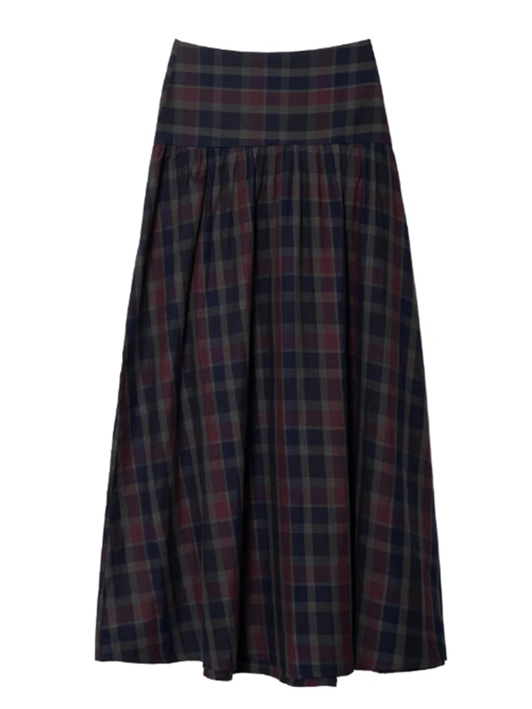 Women Chic Lace Up Checkered Skirt Suit Elegant V-neck Long Lantern Sleeve Top Long Skirts Set 2026 Spring Lady Commute outfits