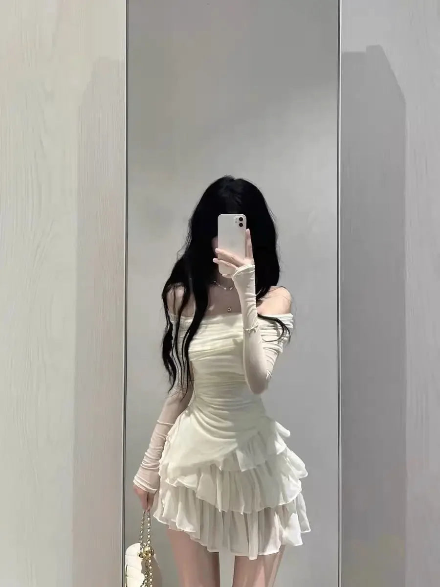 Elegant High-End Feel Summer Fashion 2-Piece Set For Women Off-Shoulder Slimming Top With Cake Skirt Versatile Stylish Dressing