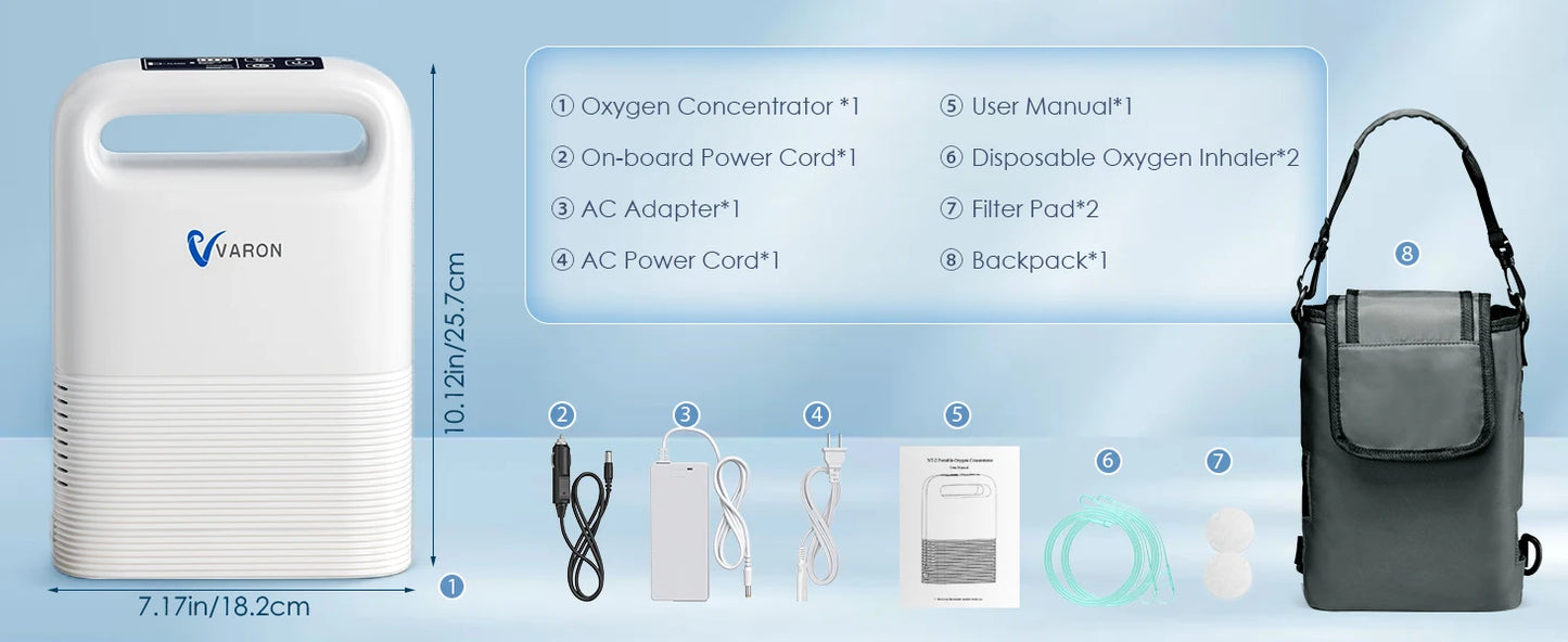 Varon Portable 93±3% Oxygen Concentration Pulse Dual Oxygen Delivery Modes 6 Levels Rechargeable Battery For Outdoor Travel Use