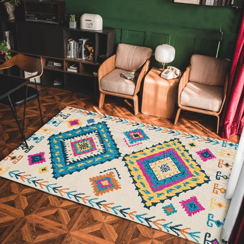 VIKAMA Bohemian Machine Washable Living Room Carpet Soft Non-Slip Ethnic Style Bedroom Cloakroom Carpet Foldable Home Decor
