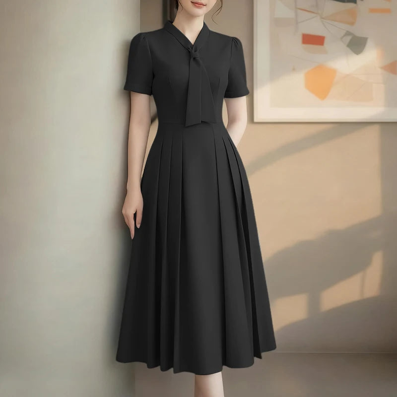 ZANZEA Elegant Office Lady Dresses Women 2026 Summer Dress Stylish A Line Waisted Party Sundress Short Sleeve Pleated Midi Robe