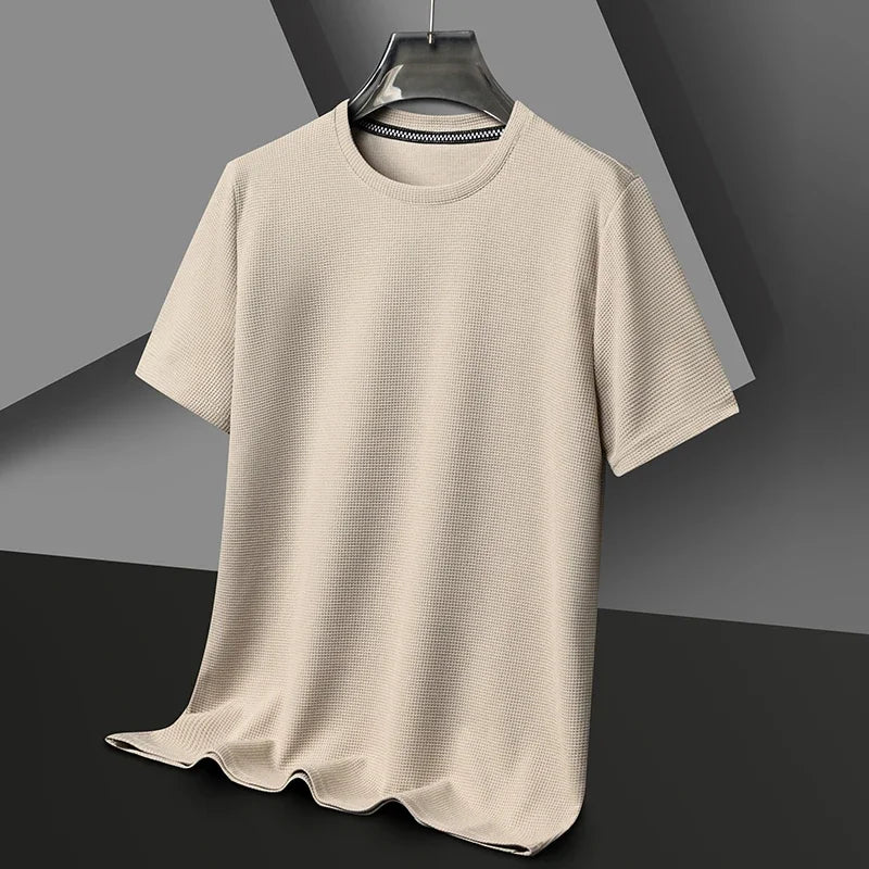 Men's Waffle Knit Short Sleeve T-Shirt Casual Solid Color Crew Neck Soft Comfortable Top for Summer