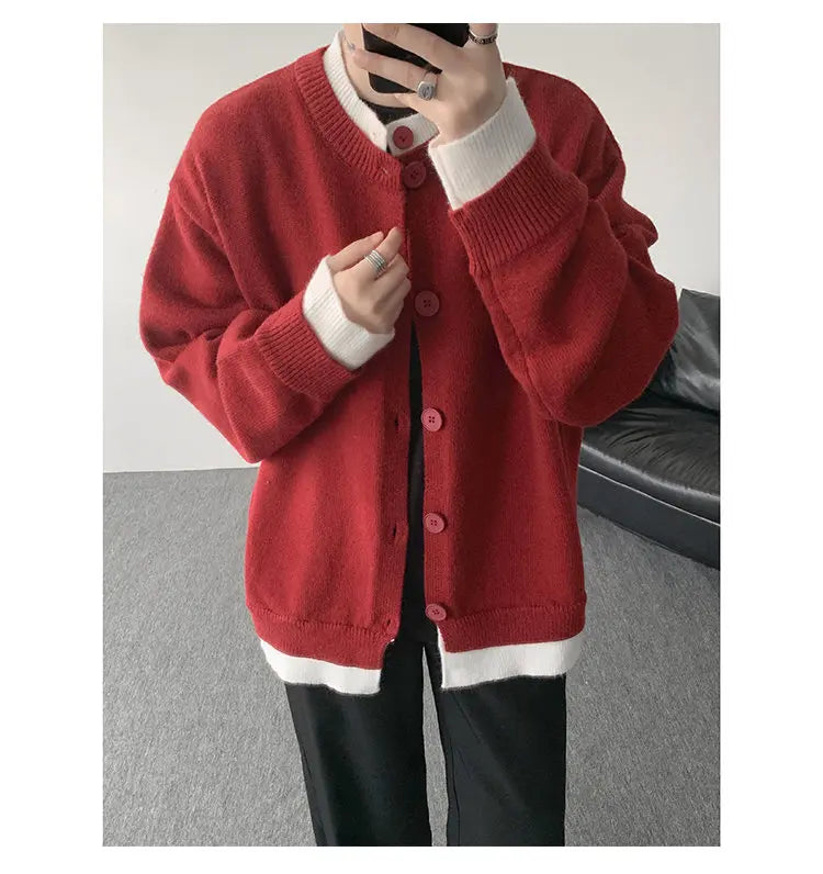 Men's Casual Contrast Color Cardigan Sweater Loose Button Front Knitted Coat for Daily Wear
