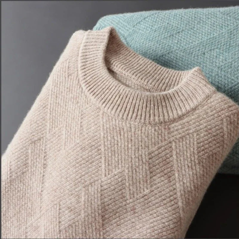 Men's Cashmere Sweater Loose and Thick Jacquard Crewneck Sweater Autumn and Winter New Solid Color Men's Knit Bottom Sweater