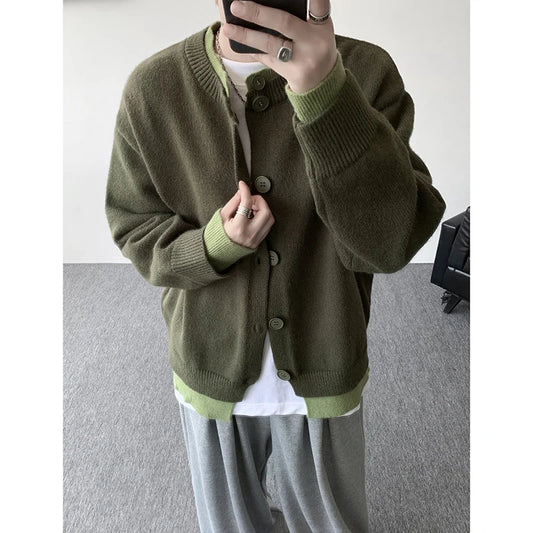 Men's Casual Contrast Color Cardigan Sweater Loose Button Front Knitted Coat for Daily Wear