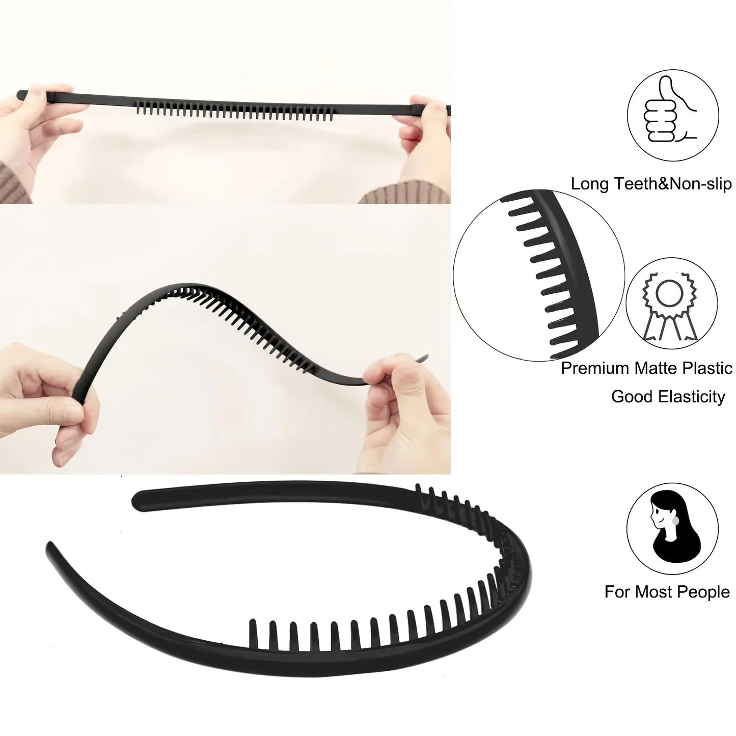 2 PCS Non Slip Fashion Effortless Plastic Headbands with Teeth Comb Skinny Hair Bands for Women Men Teen Girls Sports Headbands