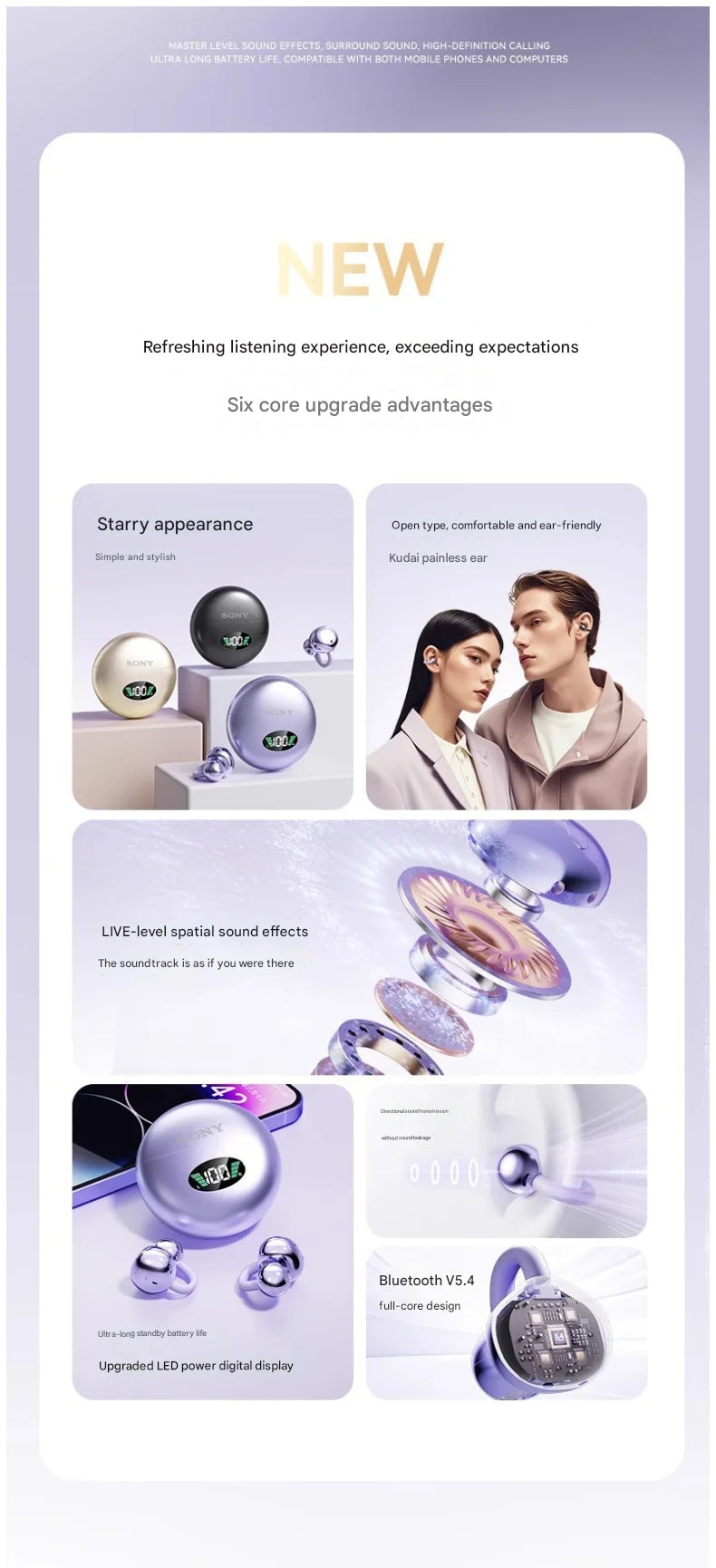 Original Sony Q88 Wireless Earphones Bone Conduction Headset Bluetooth 5.4 Earbuds Clip on Ear Comfortable with Digital Display