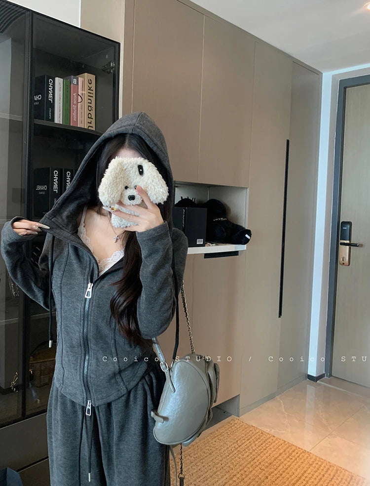 Faionable Lazy Sle Women's Outfit Long Sve Hoodie Wide Leg Casual Pants Two Piece Set Autumn Commute Windbreaker