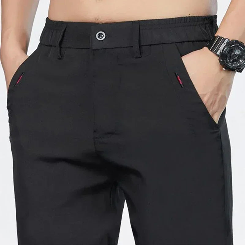 Men Ice Silk Thin Classic Casual Pants Male Slim Fit Straight Leg Daily Business Trousers Fashion Elastic Waist Black Gray Pants