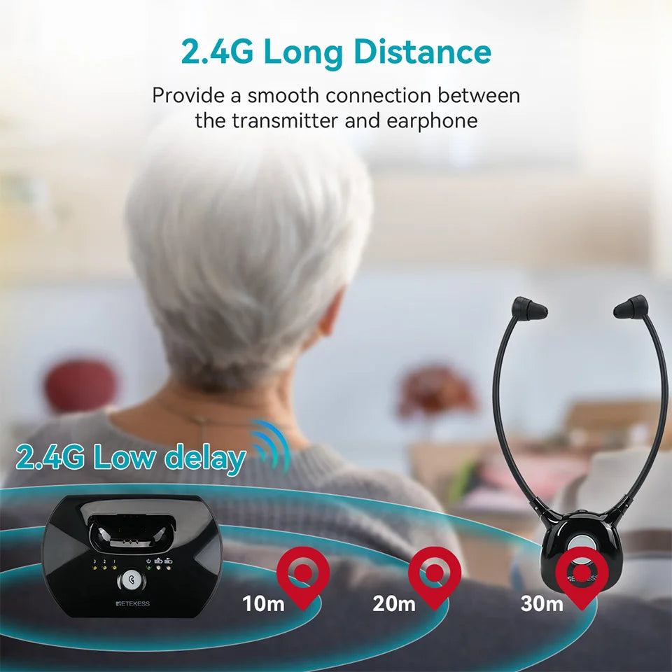 Retekess TA008 TV Hearing Aid Headphone Wireless TV Headset System 2.4GHz Wireless Headphone for Seniors 3 Tones Dual Batteries
