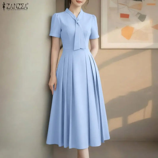 ZANZEA Elegant Office Lady Dresses Women 2026 Summer Dress Stylish A Line Waisted Party Sundress Short Sleeve Pleated Midi Robe