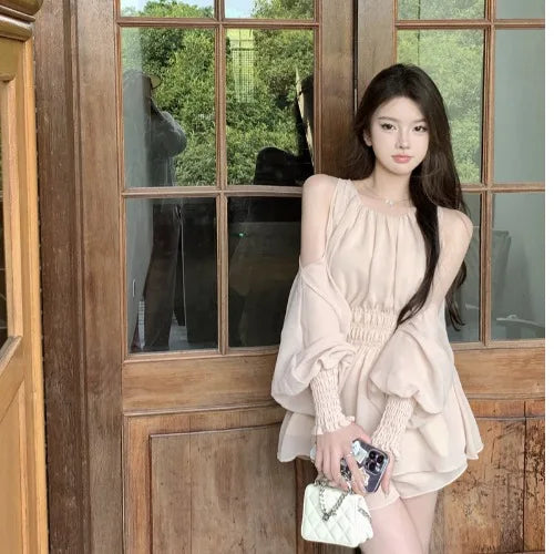 oulder Bared Bubble Sve High Waist ort Set Women's Faion 2025 Autumn Spring Chiffon Top And orts Two Piece Set