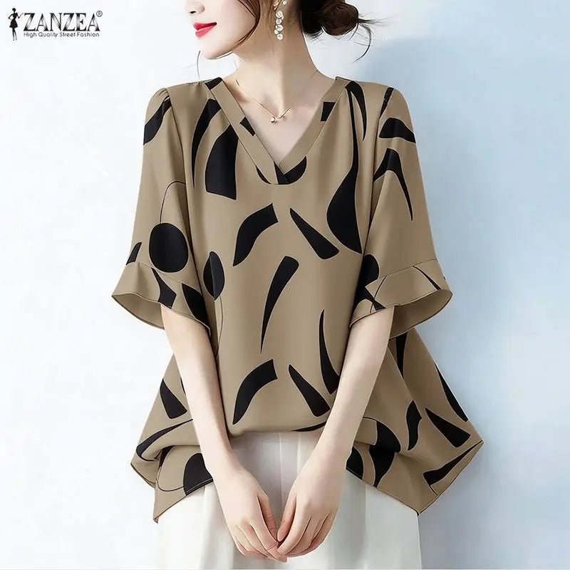 2026 ZANZEA Summer Blouse Women Casual V Neck Short Sleeve Printed Tops Female Loose Chemise Tunic Elegant Work Shirt Oversize