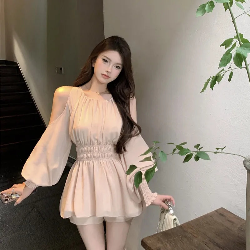 oulder Bared Bubble Sve High Waist ort Set Women's Faion 2025 Autumn Spring Chiffon Top And orts Two Piece Set