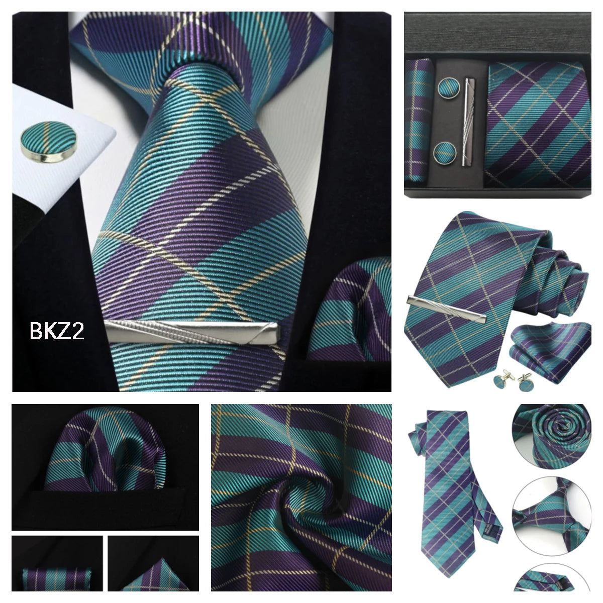 Classic 100% Silk Men's Ties In Gift box 8cm Plaid Dot Striped Business Necktie Handkerchief Cufflinks Wedding Party Tie Set