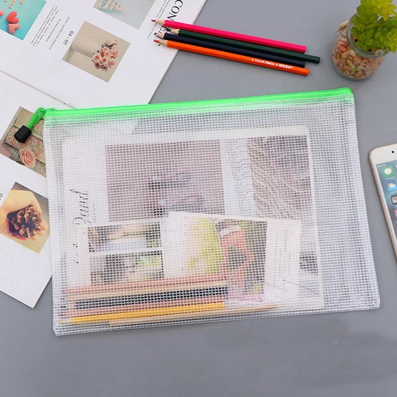 PVC Stationery Storage Bag Folder File Mesh Zipper Pouch A4 A5 A6 A3 Document Bag File Folders School Office Supplies Organizer
