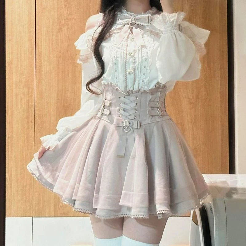 2025 Japanese Kawaii Short Skirt Sets Sweet Ruffles Off Shoulder Bow Shirt Gown Faldas Y2k Aesthetic Mini Skirts Lolita Full Set