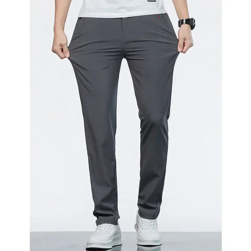 Men Ice Silk Thin Classic Casual Pants Male Slim Fit Straight Leg Daily Business Trousers Fashion Elastic Waist Black Gray Pants