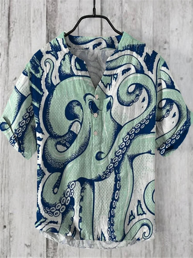 Fashionable men's V-neck shirt with 3D animal print men's short sleeved top, loose and comfortable new style