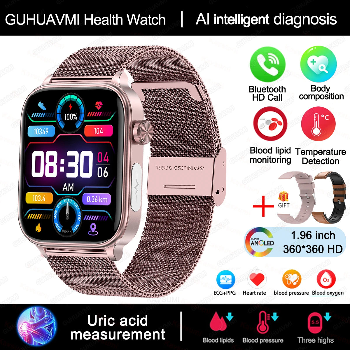 2025 New AI Diagnosis Blood Lipids Uric Acid Body composition Test Smart Watch For Men ECG+PPG Bluetooth Call Health Smartwatch