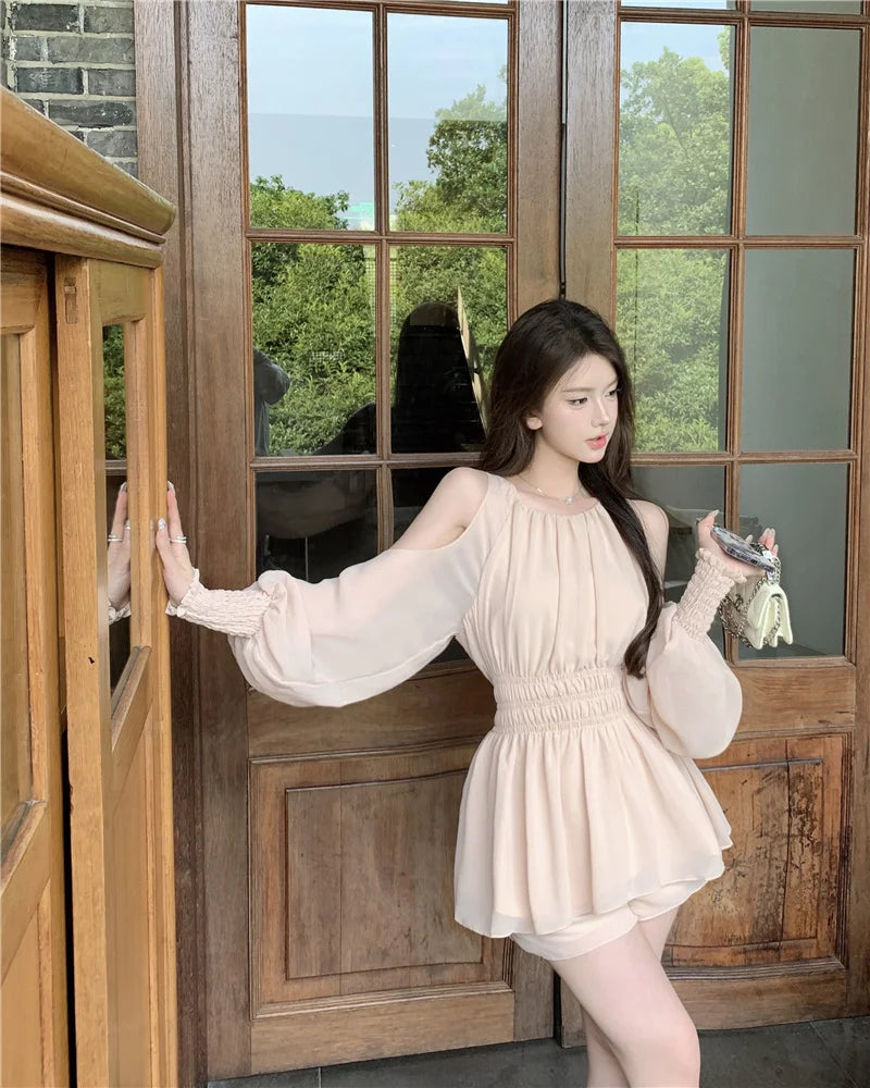 oulder Bared Bubble Sve High Waist ort Set Women's Faion 2025 Autumn Spring Chiffon Top And orts Two Piece Set