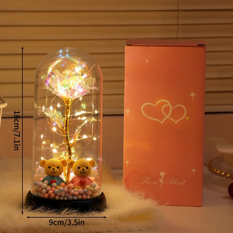Artificial Rose Flowers Eternal Rose LED Light Foil Flower in Glass Cover Simulation Rose Flower Christmas Valentine's Day Gifts