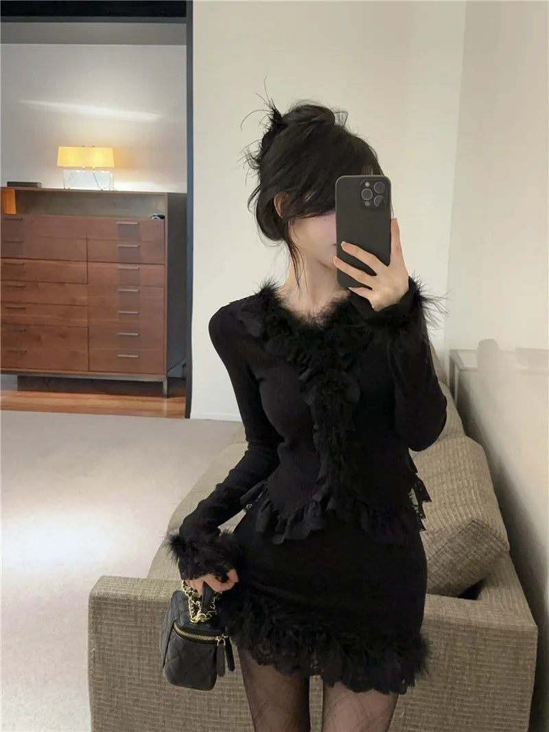 Autumn Winter Lace Splice Knitted Sve High Waist Slim Fit Bodycon Skirt Set V-Ne Soft Pure Desire Long Sve T-irt