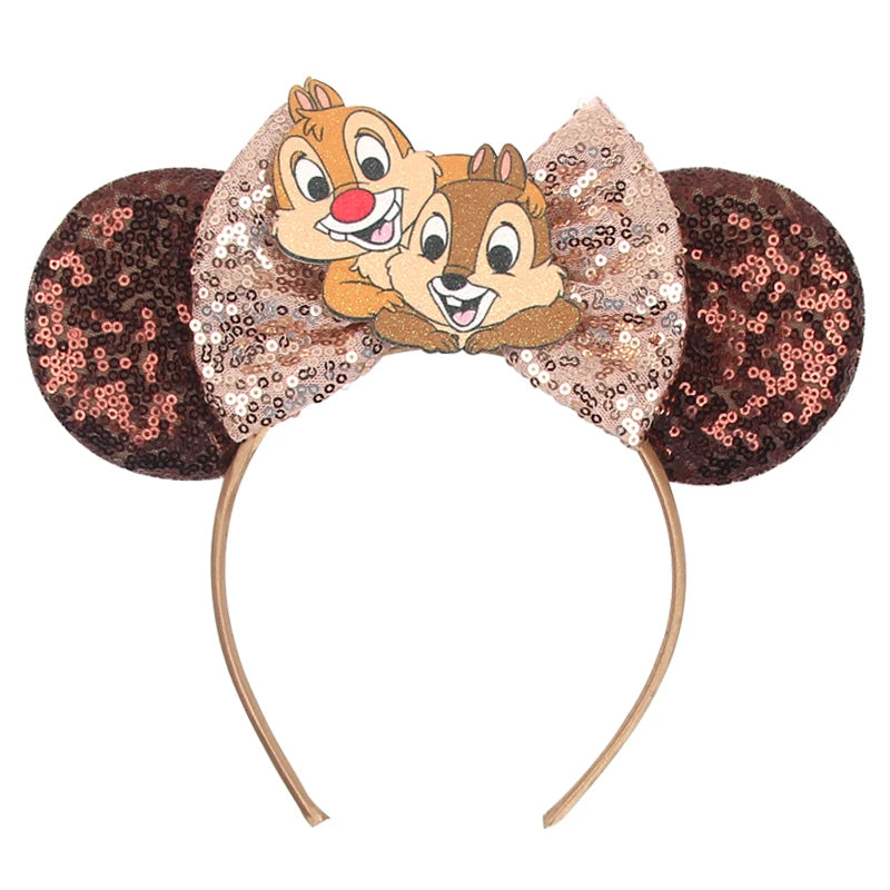 2025 Mickey Mouse Ear Headband Chip and Dale Bow Sequin Hairband Women Hair Hoop Birthday Gift Adult/Child Cosplay Accessories