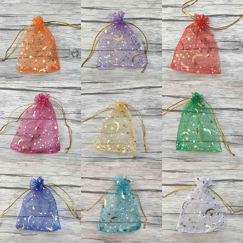 100PCS Moon Stars Drawstring Organza Bags Jewelry Gift Bags Pouches Gold Star Organza Pouches for Christmas Wedding Gift Bags