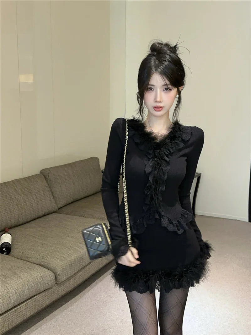 Autumn Winter Lace Splice Knitted Sve High Waist Slim Fit Bodycon Skirt Set V-Ne Soft Pure Desire Long Sve T-irt