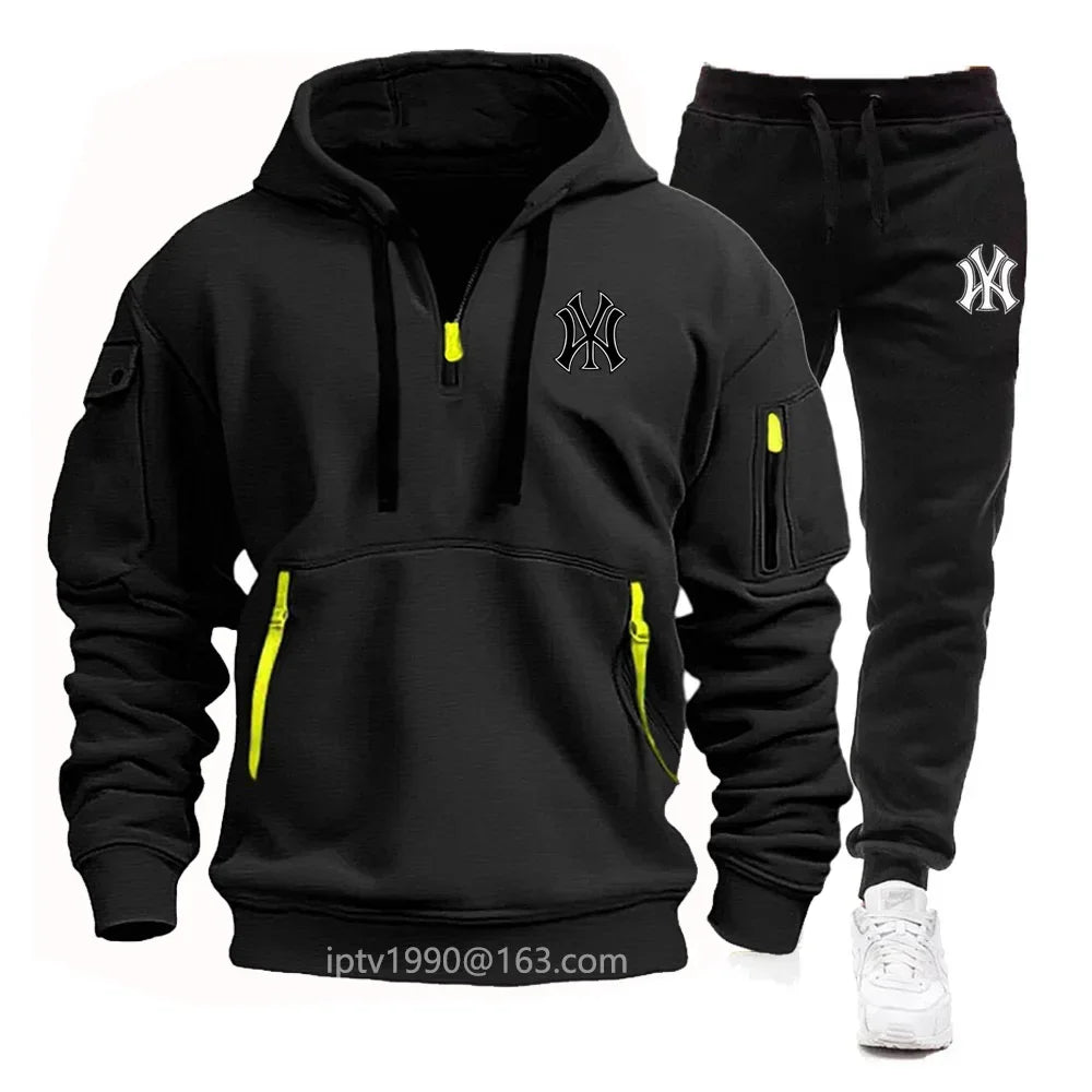 A stylish, casual and fitness two-piece set for men's autumn and winter 2025: zipper hoodie, long-sleeved pullovers and jogging