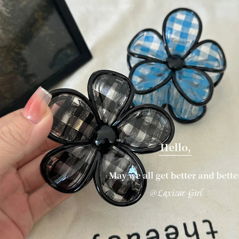 2Pcs Vitnage Blue Black Checkered Gripper Plaid Flower Hair Claw Clip Elegant Hairpin Versatile Daily High-End Hair Accessories