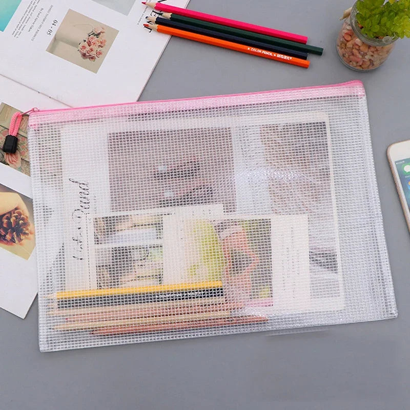 PVC Stationery Storage Bag Folder File Mesh Zipper Pouch A4 A5 A6 A3 Document Bag File Folders School Office Supplies Organizer