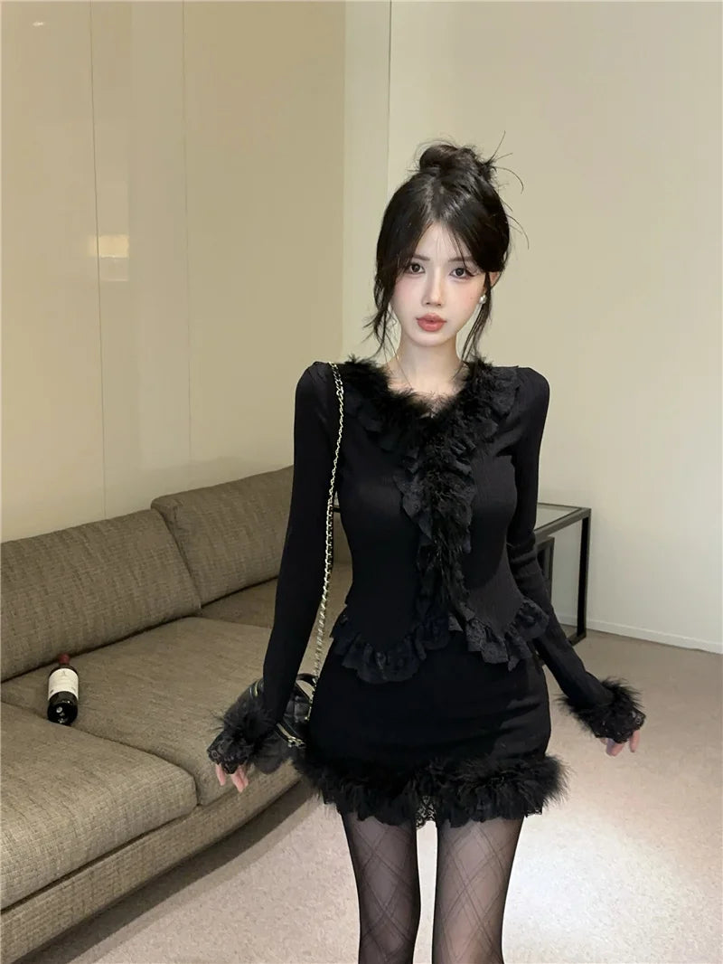 Autumn Winter Lace Splice Knitted Sve High Waist Slim Fit Bodycon Skirt Set V-Ne Soft Pure Desire Long Sve T-irt