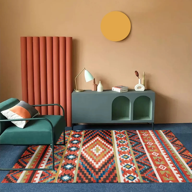 VIKAMA Bohemian Machine Washable Living Room Carpet Soft Non-Slip Ethnic Style Bedroom Cloakroom Carpet Foldable Home Decor