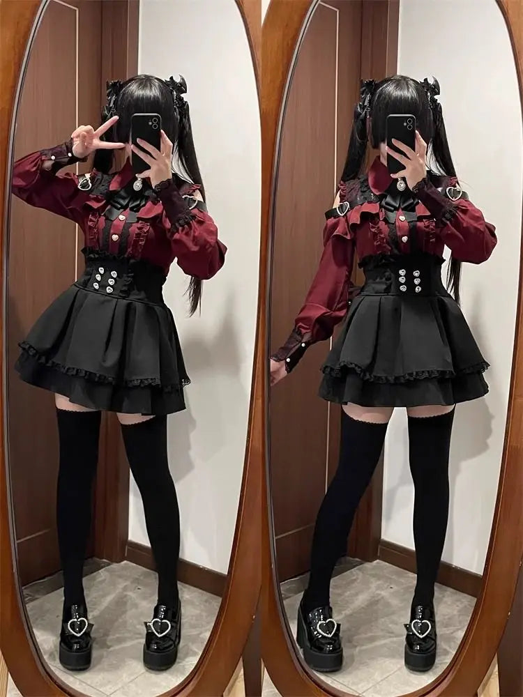 k Gothic Sle oulder Bared irt And f Skirt Set Spring Autumn Sweet Subculture Encounter Jk orm Two Piece Set f...