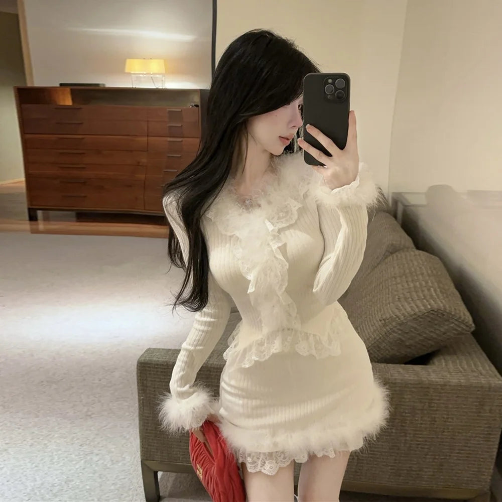 Autumn Winter Lace Splice Knitted Sve High Waist Slim Fit Bodycon Skirt Set V-Ne Soft Pure Desire Long Sve T-irt