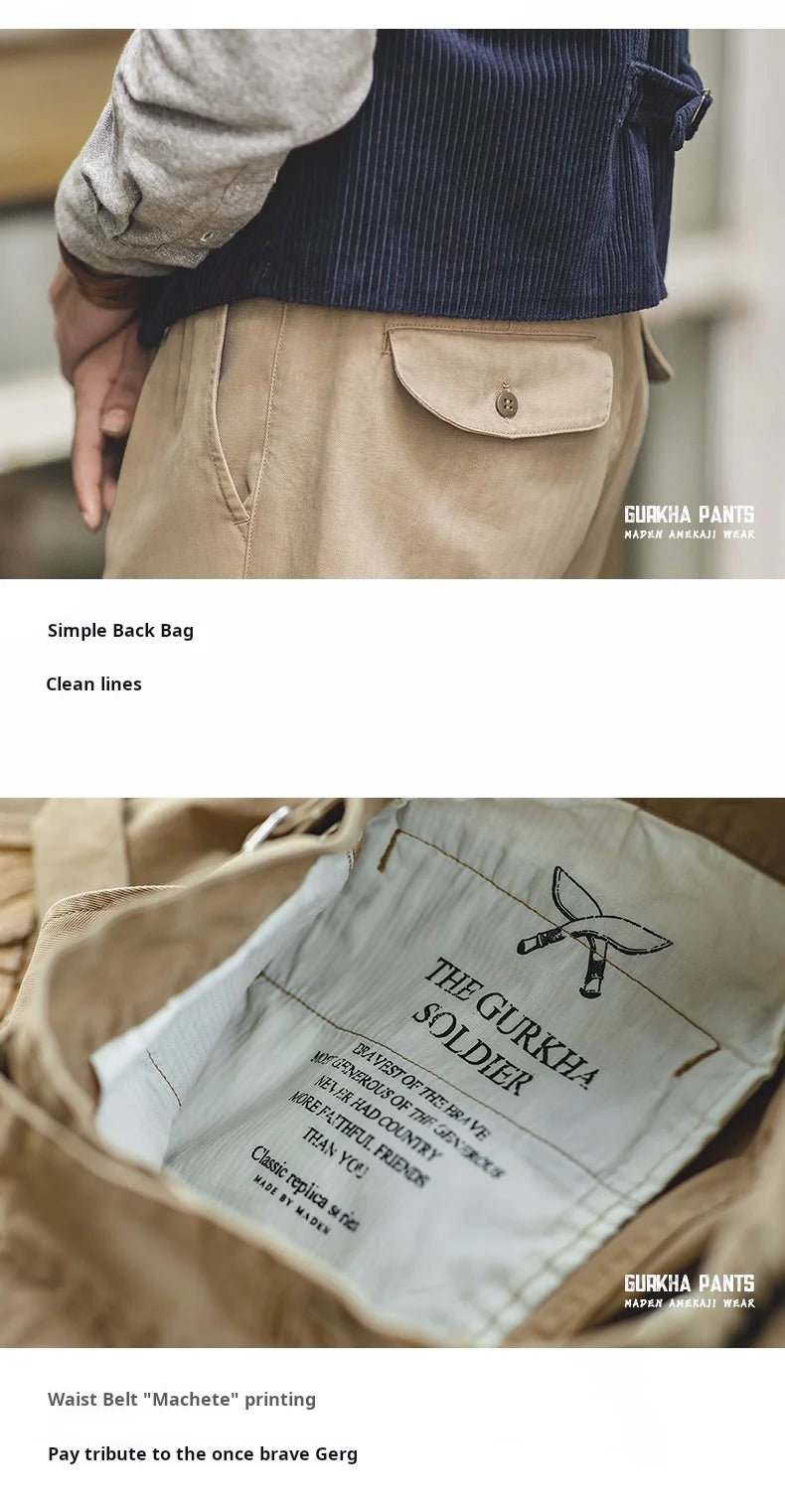 Maden Vintage Adjustable High Waist Gurkha Pants Khaki Casual Cargo Work Pants Classic Straight Trousers for Men's Spring Fall