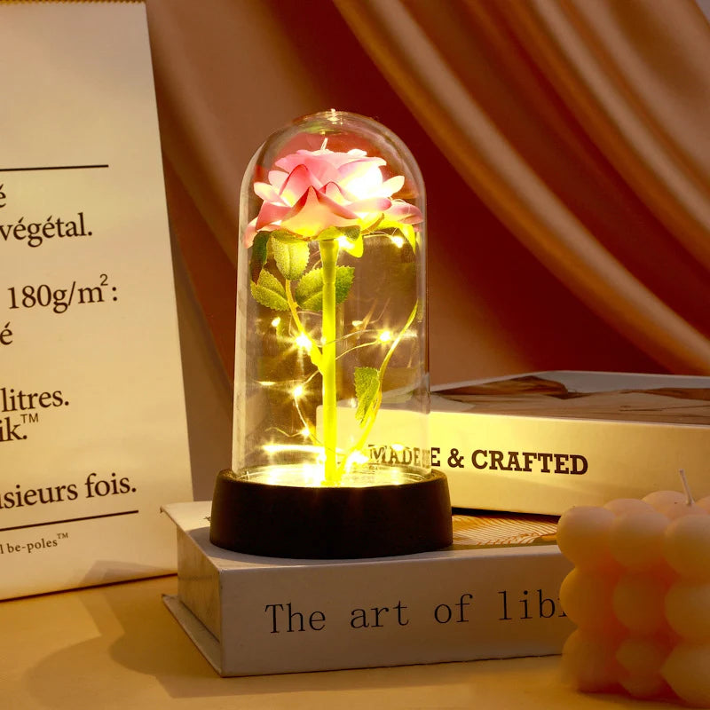 Artificial Rose Flowers Eternal Rose LED Light Foil Flower in Glass Cover Simulation Rose Flower Christmas Valentine's Day Gifts
