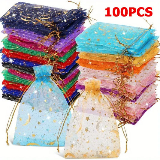 100PCS Moon Stars Drawstring Organza Bags Jewelry Gift Bags Pouches Gold Star Organza Pouches for Christmas Wedding Gift Bags