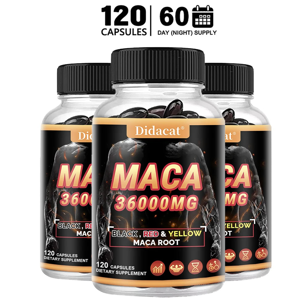 Organic Maca Root Powder Capsules with Black + Red + Yellow Maca Root Extract Supplement for Men and Women - 120 Capsules