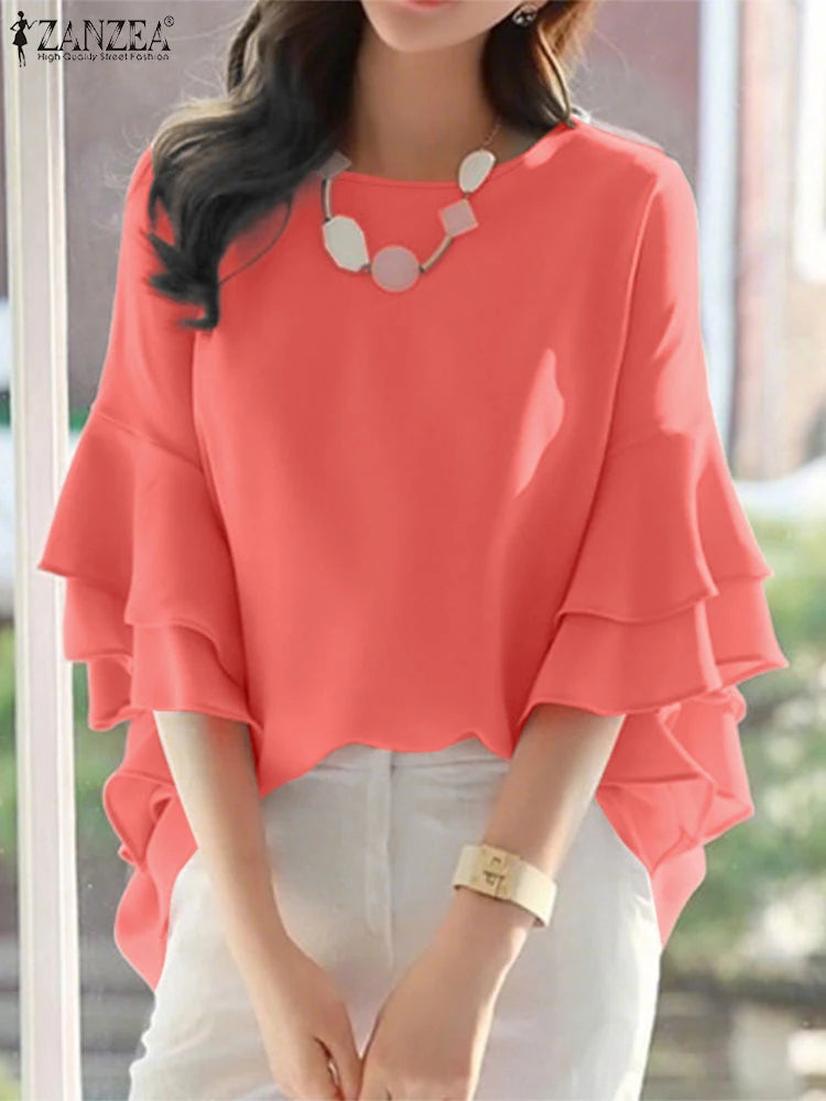 ZANZEA 2025 Fashion Summer Blouse Women Flare Sleeve Casual Tops Loose Ruffled Shirts Solid Color Elegant OL Blusas Femininas